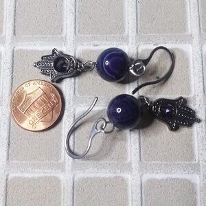Hamsa Hand Protection Earrings! Purple Agate & Gunmetal Black! Faith Goth Punk